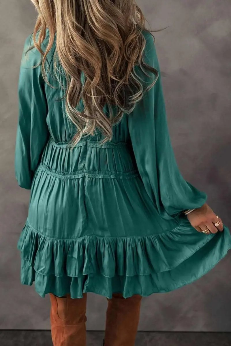 Mist Green Tiered Ruffled Puff Sleeve Loose Fit Mini Dress - Love Salve